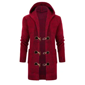 Men's long hooded knitted cardigan sweater with toggle buttons for autumn winter season.
