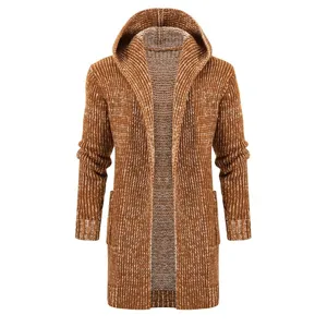 Details of men's knitted hooded cardigan in brown, featuring a cozy mid-length fit.