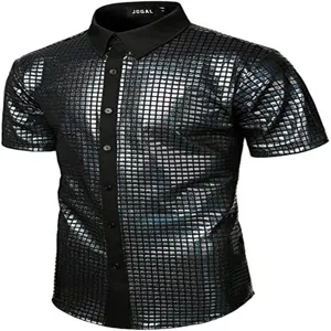 Men's black sequin short sleeve shirt shiny disco party button down collared shirt