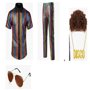 Men 70s Retro Disco Costume Outfit Sequin Shirt Pants Wig Necklace Sunglasses Party Set