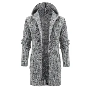 Close-up details of the men's grey and black melange knit hooded cardigan texture and pocket.