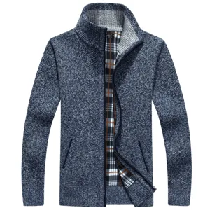 Cardigan in maglia foderato in pile termico da uomo inverno collo alto zip intera