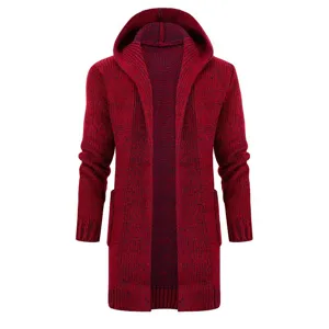 Men's knitted hooded cardigan, long casual sweater coat with front pockets, winter wear.