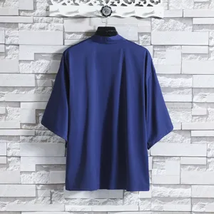 Detail view of men casual summer loose kimono cardigan thin sun protection blue outerwear