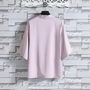 Men Chinese Style Summer Loose 7-Sleeve Ice Silk Sun Protection Shirt Cardigan Pink