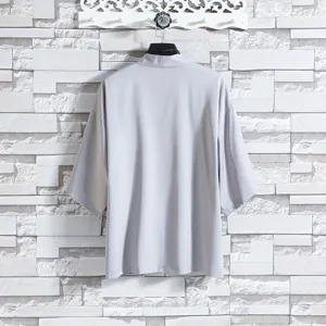 Detail view of the light grey mens summer 3/4 sleeve loose chinese style sun protection cardigan shirt.