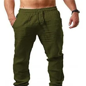 Pantalones casuales de hombre transpirables de algodon y lino verde, corte holgado de verano.