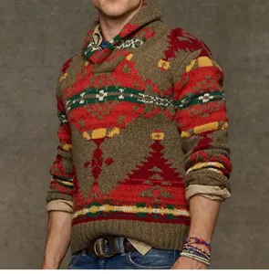 Detailed view of men's geometric jacquard knit sweater with classic shawl collar.