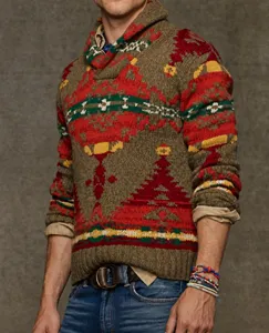 Men vintage geometric print knit sweater retro shawl collar long sleeve pullover