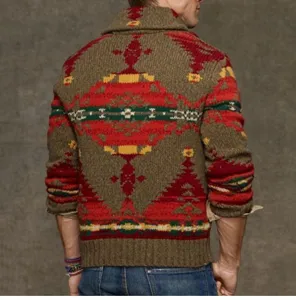 Men vintage geometric jacquard knit cardigan sweater retro southwestern style long sleeve top