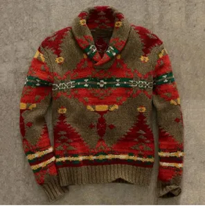 Detailed view of the vintage southwestern patterned shawl collar knit sweater texture.