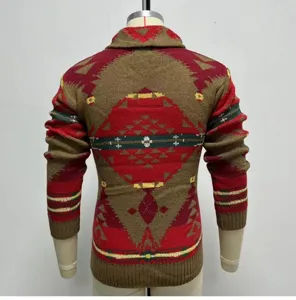 Men's long sleeve knit cardigan sweater featuring a retro geometric aztec jacquard pattern for winter.