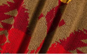 Close-up detail of men's autumn winter knit sweater jacquard fabric texture and pattern.