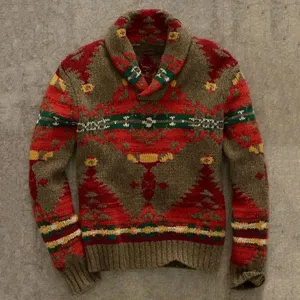 Men Retro Geometric Jacquard Pullover Sweater Long Sleeve Thermal Knitwear Top Shawl Collar Vintage Winter Clothes