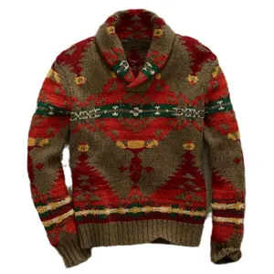 Mens retro jacquard pullover sweater winter long sleeve knitted top vintage shawl collar