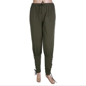Men's green casual jogger pants featuring an elastic drawstring waist and cuffed hem details.