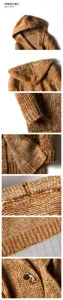 Men's thick knit hooded cardigan sweater detailed view showing cozy texture and toggle buttons.