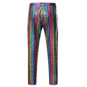 Detailed view of colorful sequin disco trousers for men's 1970s party cosplay costume.