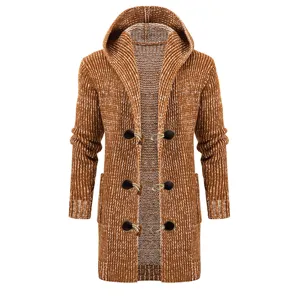 Men's hooded knitted cardigan coat, caramel brown mid-length toggle sweater for winter.