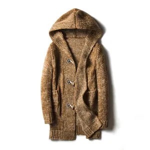 Men's Casual Mid Length Hooded Cardigan Sweater Thickened Knitwear with Horn Buttons Plus Size Outerwear