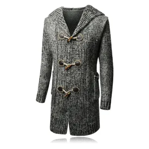Men's long hooded knitted cardigan sweater with toggle buttons casual outerwear winter warm.
