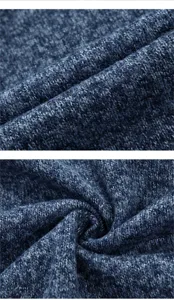 Vista dettagliata del tessuto per maglione cardigan da uomo, trama mélange blu scuro.