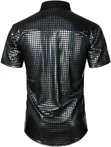 Men's short sleeve metallic sequin disco polo shirt for party clubwear outfits stylish top.