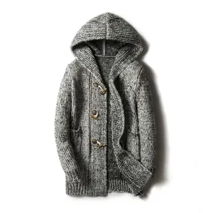 Men's thick knitted hooded cardigan sweater with toggle buttons, casual winter outerwear.