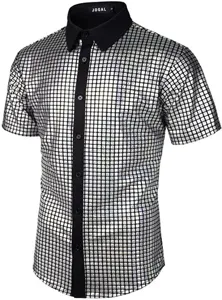 Men's metallic silver sequin short sleeve button down shirt with black lapel collar.