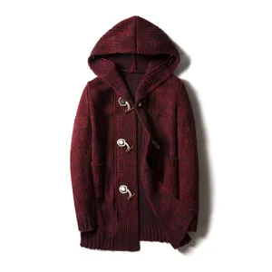 Men's thick hooded knitted cardigan with horn buttons, casual winter outerwear style.