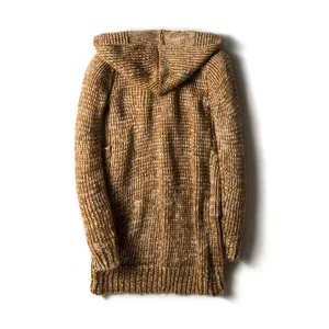 Men's mid-length hooded cardigan sweater, thick casual knitted warm outerwear for winter.