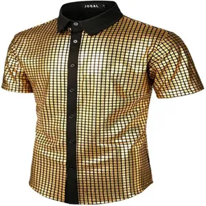 Detailed view of men short sleeve sequin shirt golden grid fabric black lapel party.