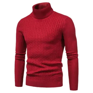 Detail view of men's red cable knit turtleneck sweater showing texture and slim fit design.