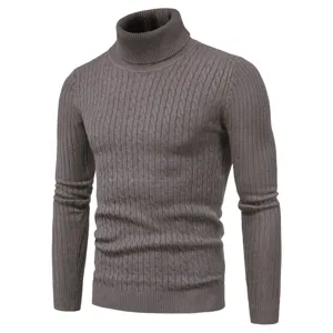 Men gray turtleneck cable knit sweater detail showing ribbed collar, long sleeves, slim fit.