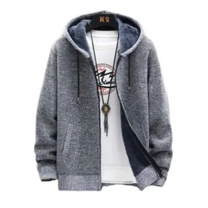 Men fleece lined knitted hooded cardigan sweater autumn winter warm thick zip up outer