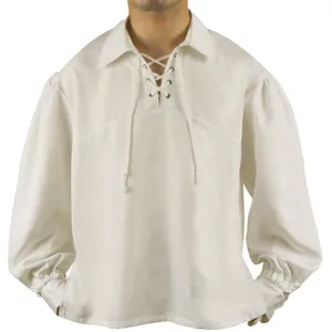 Renaissance vintage men shirt detail showing lace-up V-neck and bishop sleeves design.