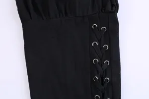 Men's casual pants detail view featuring stylish lace-up grommet design and comfortable fabric.