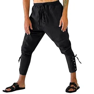 Men's medieval pirate pants retro lace-up cuffed trousers casual vintage black trousers new