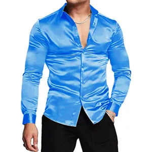 Men's bright blue satin long sleeve dress shirt with classic turn-down collar and buttons.