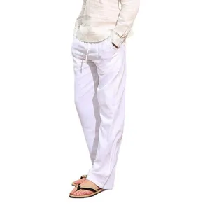 Pantalon en lin decontracte pour homme, taille a cordon, pantalon d'ete droit et respirant.