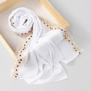 White chiffon long scarf with delicate lace floral embroidery. Elegant women shawl for daily wear.
