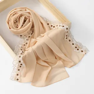 Elegant beige chiffon long scarf featuring delicate floral lace trim, perfect for daily chic wear.