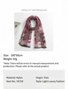 Detailed view of the lightweight nylon floral embroidered long scarf showcasing fine texture details.