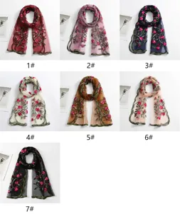 Women's lightweight floral embroidered mesh long scarf, breathable fashion shawl and wrap.
