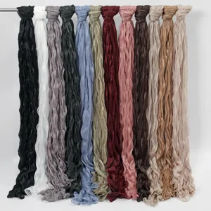 Women solid color crinkle long scarf multi-color lightweight shawl elegant neck wrap detail view.