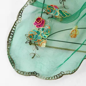 Green sheer embroidered scarf lightweight floral shawl detail view, elegant women accessory.