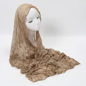Elegant crinkled long scarf in solid khaki, versatile women's shawl for daily wear.