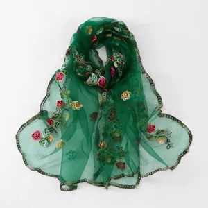 Green embroidered sheer scarf, lightweight breathable floral shawl, elegant travel accessory.