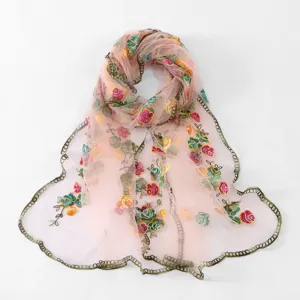 Lightweight pink floral embroidered long scarf versatile fashion mesh shawl for women travel wrap.