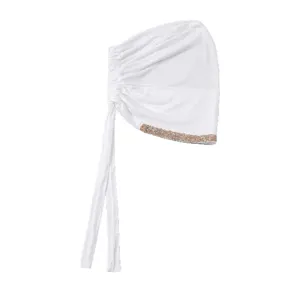 Weißer Damen Seidenbaumwoll Turban mit Strass und Bändern Hijab Kopfbedeckung Mütze
